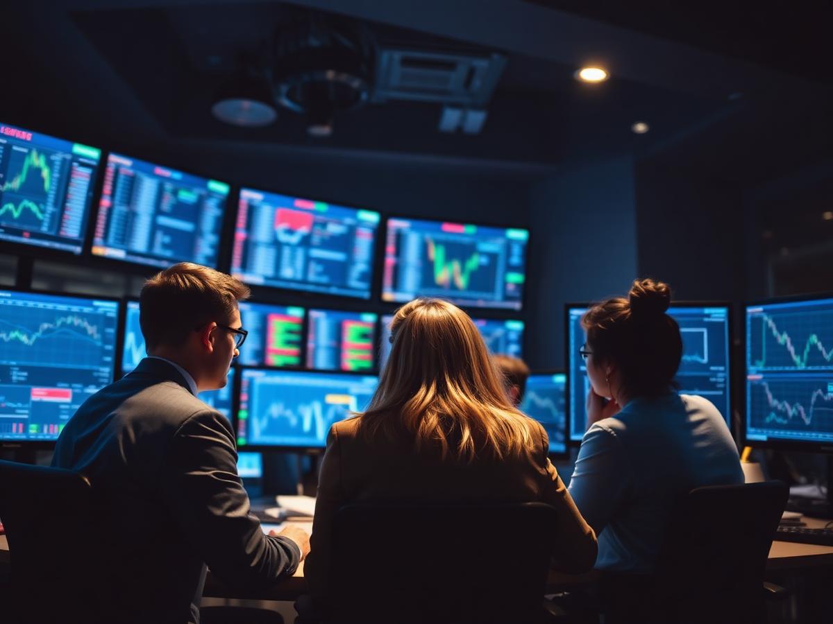 Professional traders monitoring market screens in a dark trading room