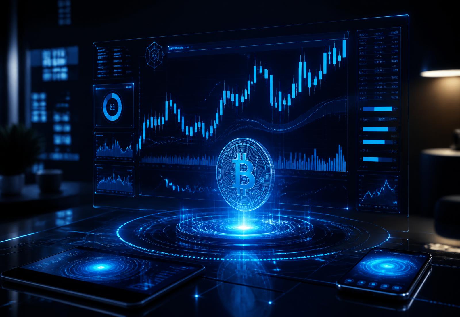 Holographic crypto trading dashboard with glowing blue candlestick charts