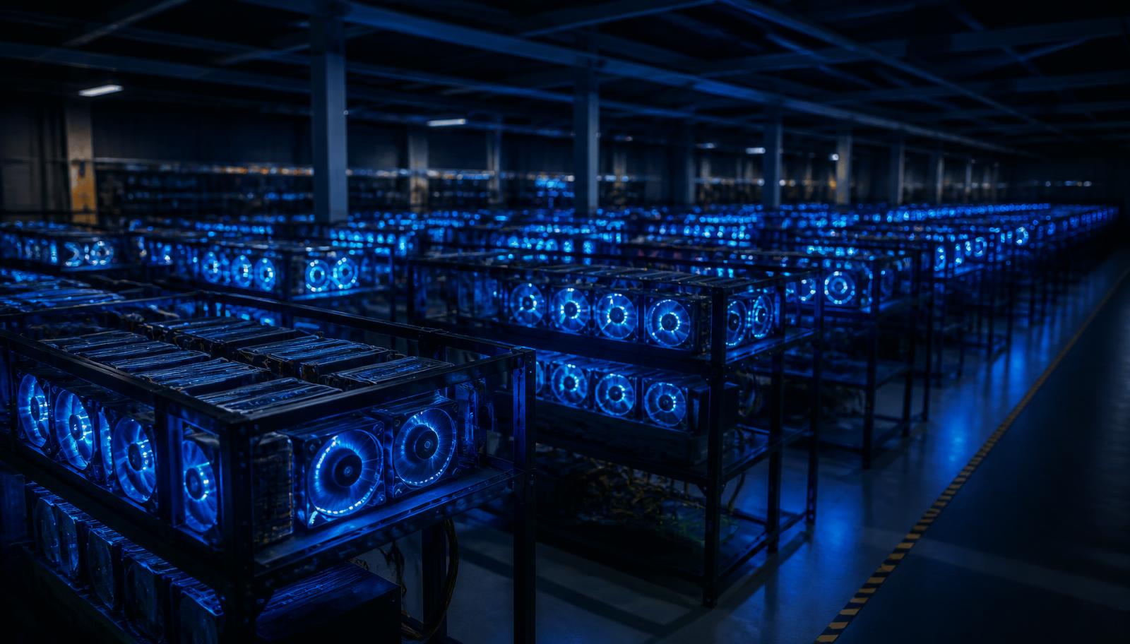 Crypto mining farm with rows of GPU rigs lit in blue